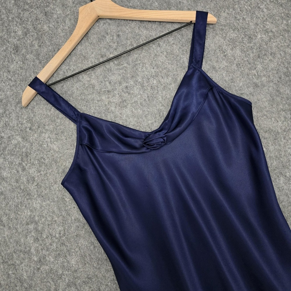 Vtg California Dynasty Nightgown Womens M Navy Satin Rose Chemise Slip Dress - Picture 12 of 13